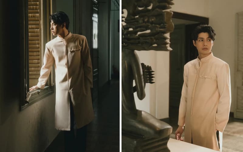 Áo dài nam màu be dịu nhẹ