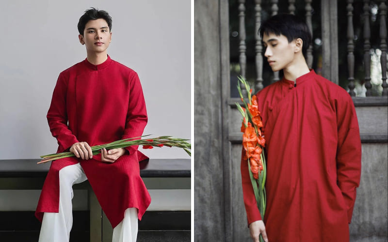 Áo dài nam sắc đỏ nổi bật