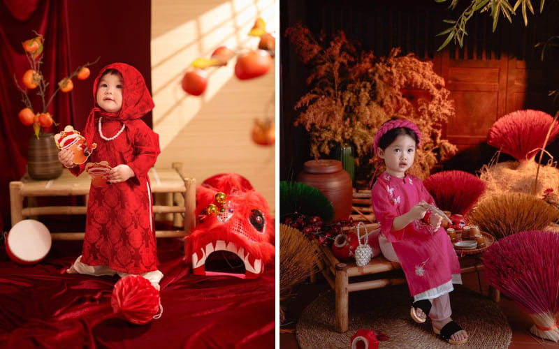 Áo dài trẻ em sắc đỏ hồng