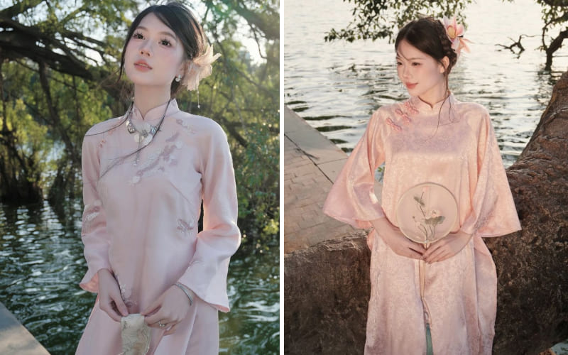 Áo dài nữ tone hồng nhẹ nhàng