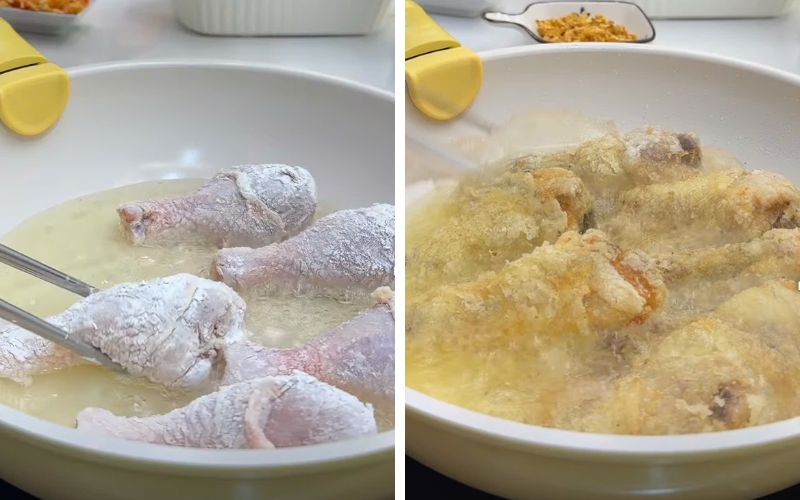 Chiên gà đúng nhiệt giúp da giòn, thịt mềm