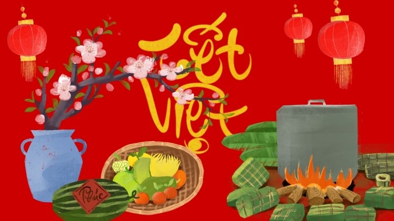 Hình nền đỏ ngày Tết hoa mai, hoa đào 9