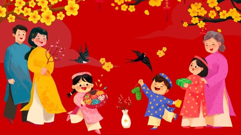 Hình nền đỏ ngày Tết hoa mai, hoa đào 7