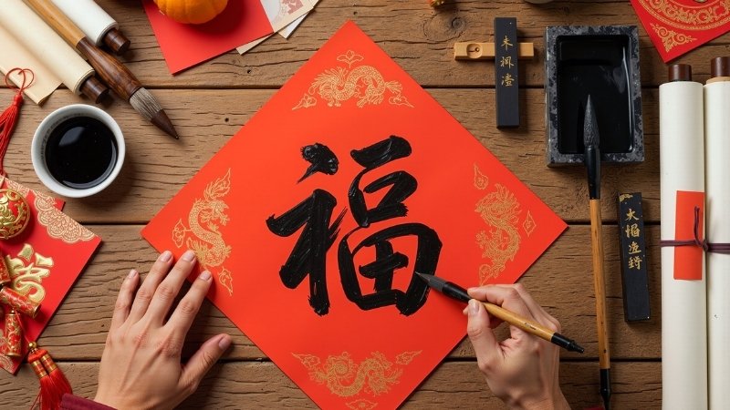 Hình nền đỏ ngày Tết chữ thư pháp 6