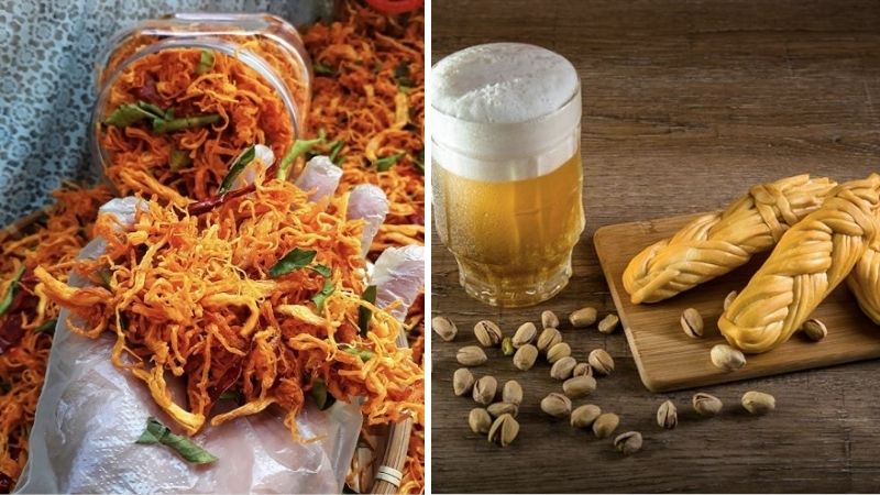 Combo cho team uống bia gồm khô gà lá chanh, phô mai dây và da cá trứng muối giòn rụm