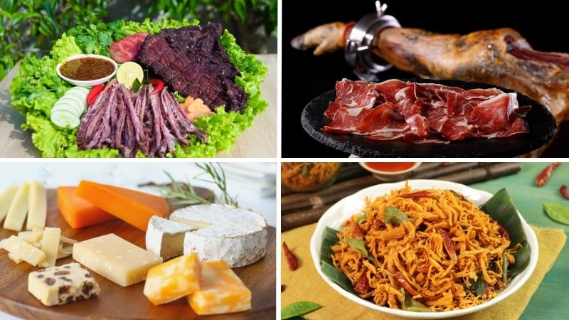 Các món nhậu ngày Tết như trâu gác bếp, đùi heo muối, phô mai và các loại khô