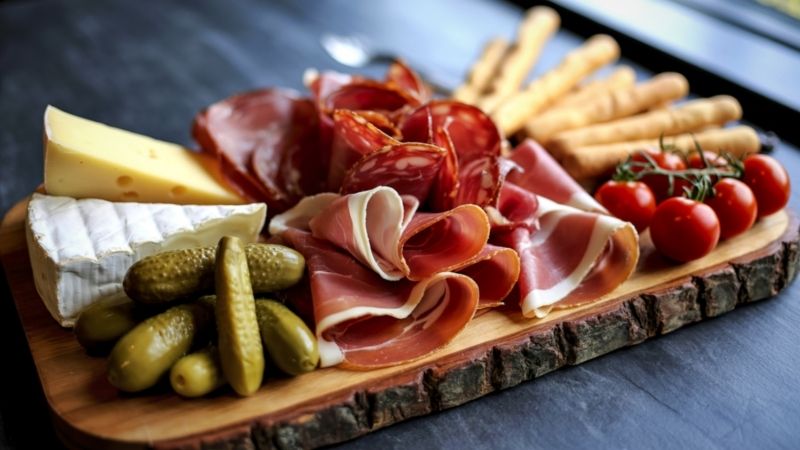 Combo rượu vang chuẩn vị gồm đùi heo muối, xúc xích Salami cùng các loại phô mai