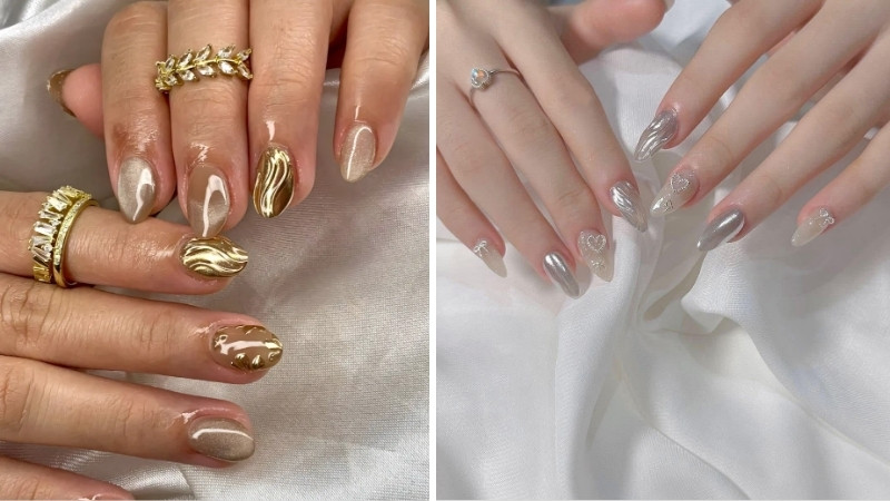 Nên phối nail tráng gương với trang phục tối giản và trang sức cùng tông để thêm tinh tế