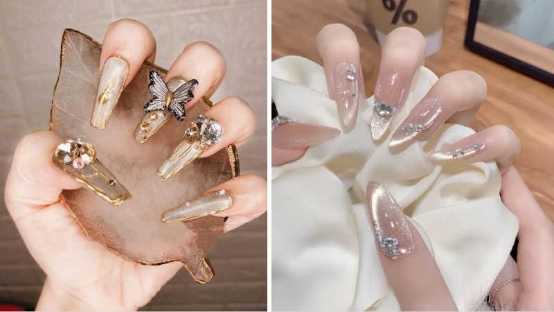 Nail tráng gương kết hợp đính đá và Charm 1