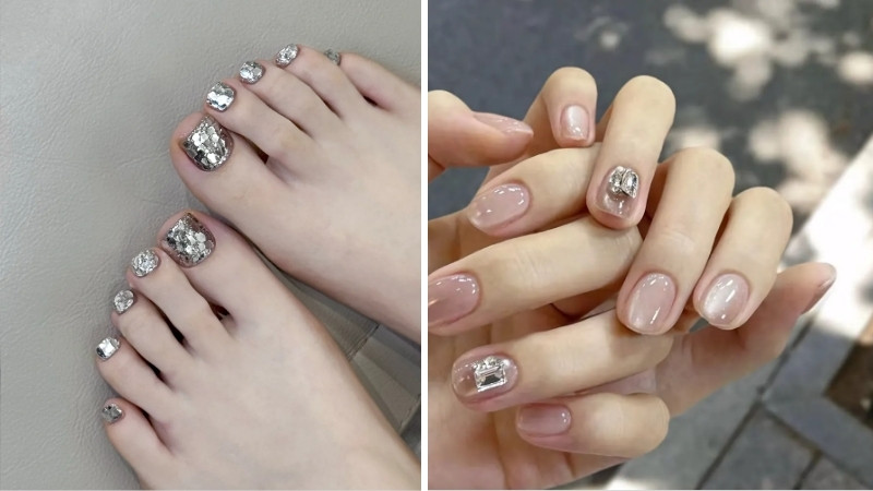Nail tráng gương kết hợp đính đá và Charm 3