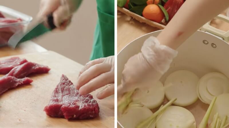 Thái thịt bò và cho vào nồi