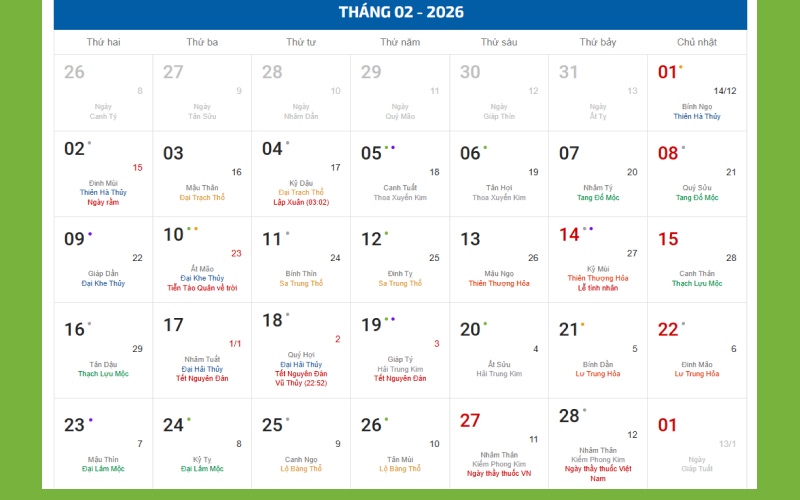 Bảng lịch vạn niên tháng 2 2026 (âm – dương)