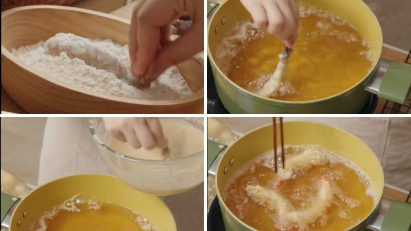 Tẩm bột và chiên tôm Tẩm bột và chiên tôm