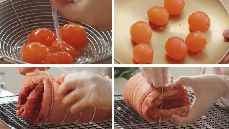 Sơ chế trứng muối và cuộn thịt