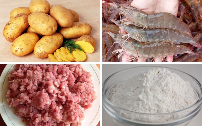 Nguyên liệu cần chuẩn bị đầy đủ để làm bánh khoai tây nhân tôm thịt