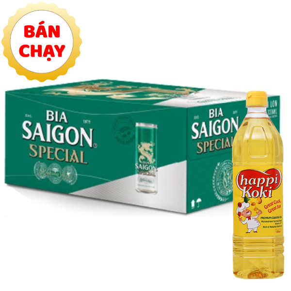 [Combo bia + dầu ăn] Thùng 24 lon bia Sài Gòn Special Sleek & dầu ăn Happi Koki 1 lít