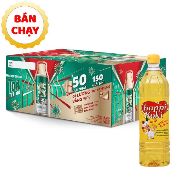 [Combo bia + dầu ăn] Thùng 24 lon bia Sài Gòn Special Sleek & dầu ăn Happi Koki 1 lít