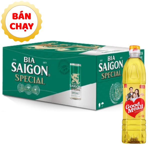 [Combo bia + dầu ăn] Thùng 24 lon bia Sài Gòn Special Sleek & dầu ăn Good Meall 1 lít