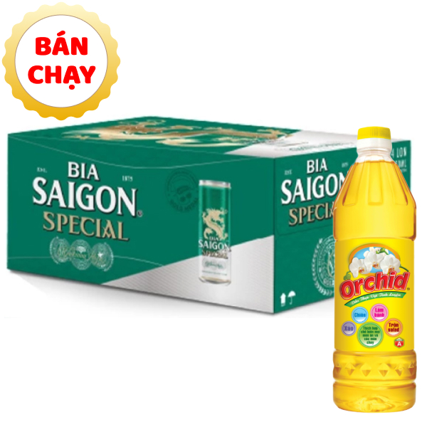 [Combo bia + dầu ăn] Thùng 24 lon bia Sài Gòn Special Sleek & dầu ăn Orchid 1 lít