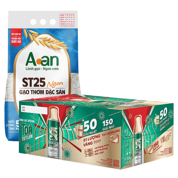 [Combo bia + gạo] Thùng 24 lon bia Sài Gòn Special Sleek & gạo thơm A An ST25+ 5kg