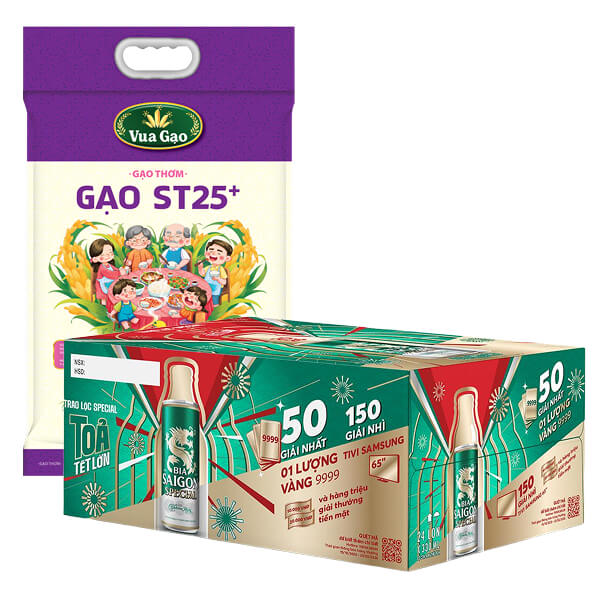 [Combo bia + gạo] Thùng 24 lon bia Sài Gòn Special Sleek & gạo thơm Vua Gạo ST25+ 5kg