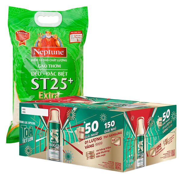 [Combo bia + gạo] Thùng 24 lon bia Sài Gòn Special Sleek & gạo thơm Neptune ST25+ Extra 5kg