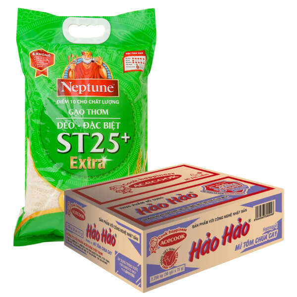 Thùng 30 gói mì Hảo Hảo tôm chua cay & gạo Neptune ST25+ Extra 5kg