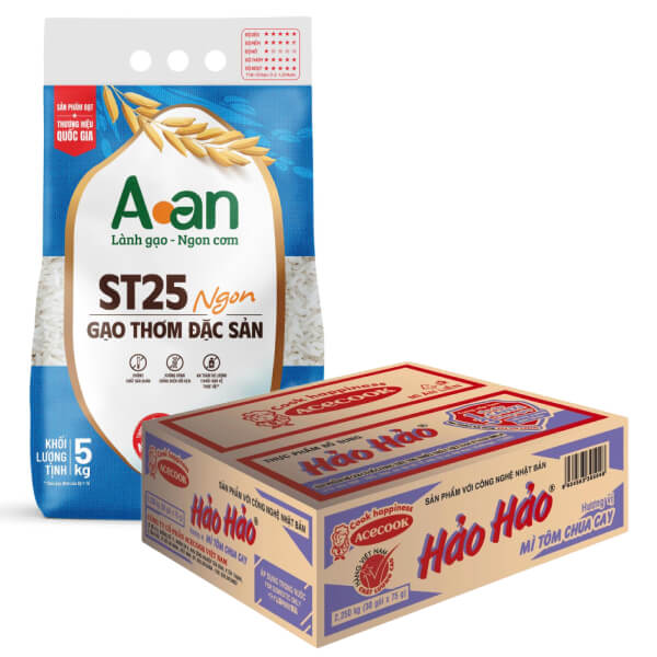Thùng 30 gói mì Hảo Hảo tôm chua cay & gạo A An ST25+ 5kg