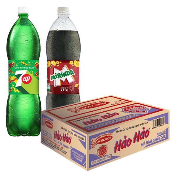 Thùng 30 gói mì Hảo Hảo tôm chua cay & 2 chai 7 Up Mirinda 1.5 lít