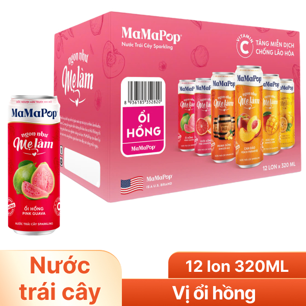 Thùng 12 lon nước trái cây có ga ổi hồng MaMaPop 320ml