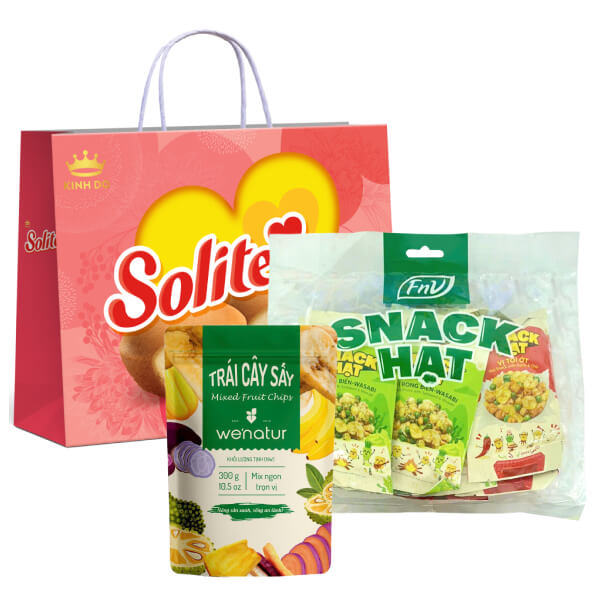 Bánh bông lan Solite 288g, snack hạt FnV 200g và trái cây sấy Wenatur 300g