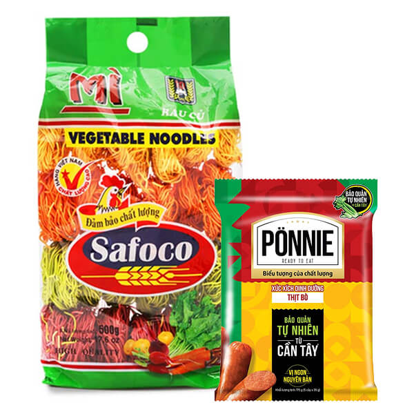 Xúc xích bò Ponnie 175g và mì rau củ Safoco 500g
