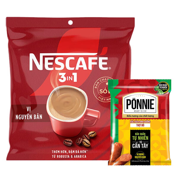 Xúc xích bò Ponnie 175g và cà phê sữa NesCafé 3in1 736g