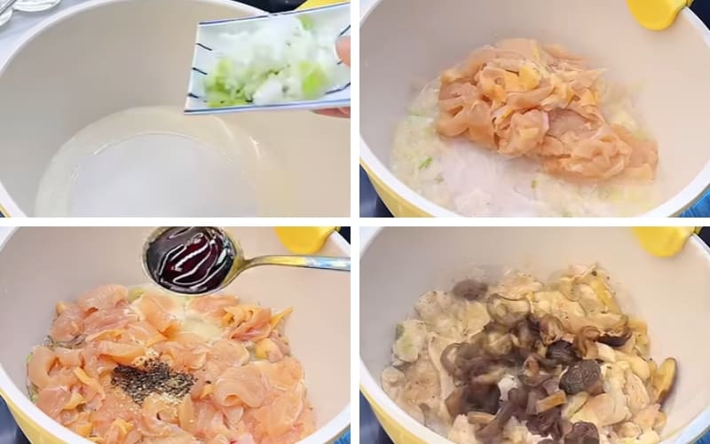 Bạn xào ức gà thấm đều gia vị. Bạn xào ức gà thấm đều gia vị.