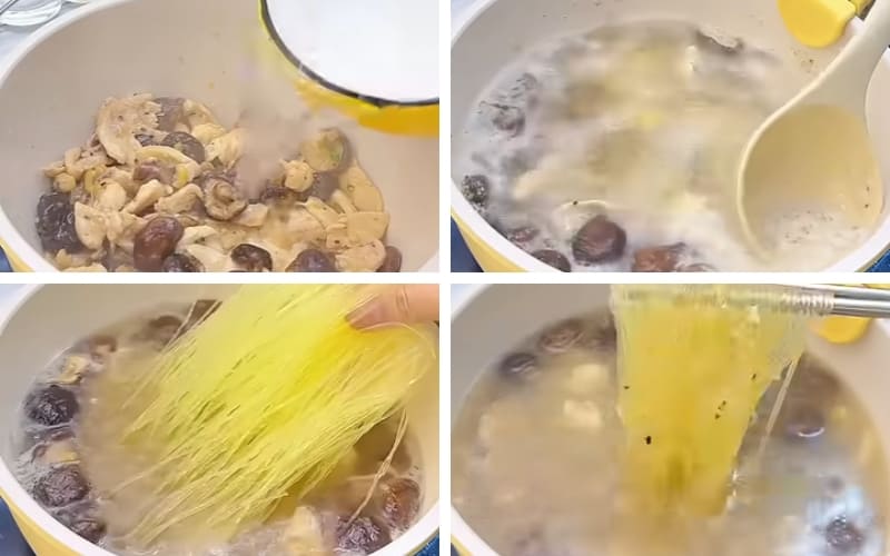 Bạn nấu miến chín mềm, nước trong. Bạn nấu miến chín mềm, nước trong.