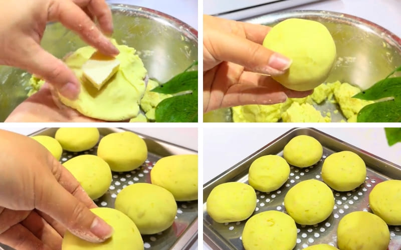 Nặn bánh tròn đều, thêm nhân phô mai béo ngậy. Nặn bánh tròn đều, thêm nhân phô mai béo ngậy.