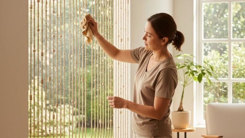 Dùng khăn mềm ẩm lau nhẹ từng sợi hạt gỗ và để rèm khô tự nhiên nơi thoáng mát
