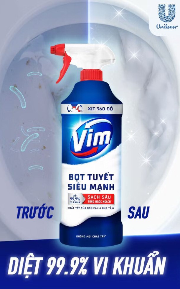 Xịt bọt tuyết VIM tẩy bồn cầu và nhà tắm: Sạch nhanh, diệt khuẩn hiệu quả