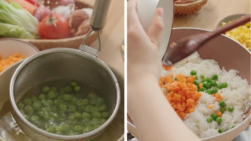 Luộc bắp, đậu hà lan, cà rốt và rang cơm Luộc bắp, đậu hà lan, cà rốt và rang cơm