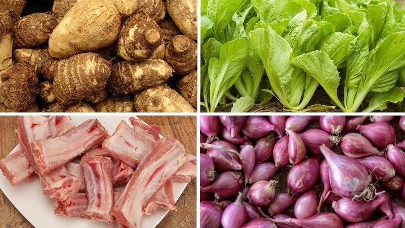 Nguyên liệu làm canh khoai sọ rau cải