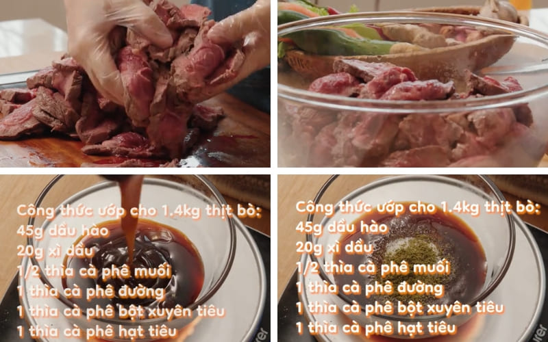 Bạn ướp thịt bò thấm đều gia vị. Bạn ướp thịt bò thấm đều gia vị.