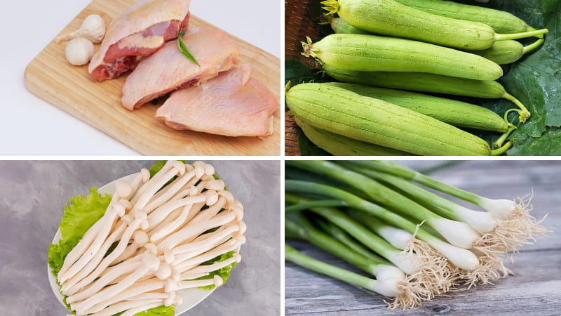 Nguyên liệu làm gà xào mướp nấm Nguyên liệu làm gà xào mướp nấm