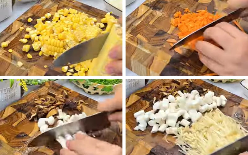 Bạn sơ chế rau củ và nấm cẩn thận. Bạn sơ chế rau củ và nấm cẩn thận.