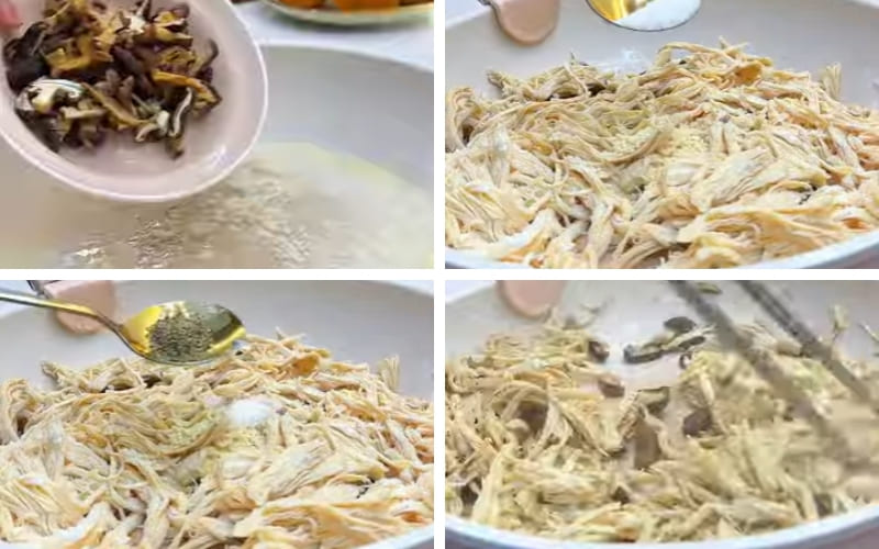 Bạn xào gà và nấm thấm đều gia vị. Bạn xào gà và nấm thấm đều gia vị.