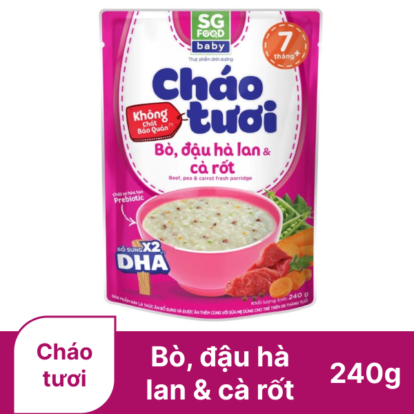 Cháo tươi bò, đậu Hà Lan, cà rốt SG Food Baby 240g