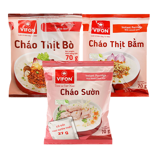 Cháo Vifon thịt bò 70g, Cháo sườn Vifon 70g và Cháo thịt bằm Vifon 70g