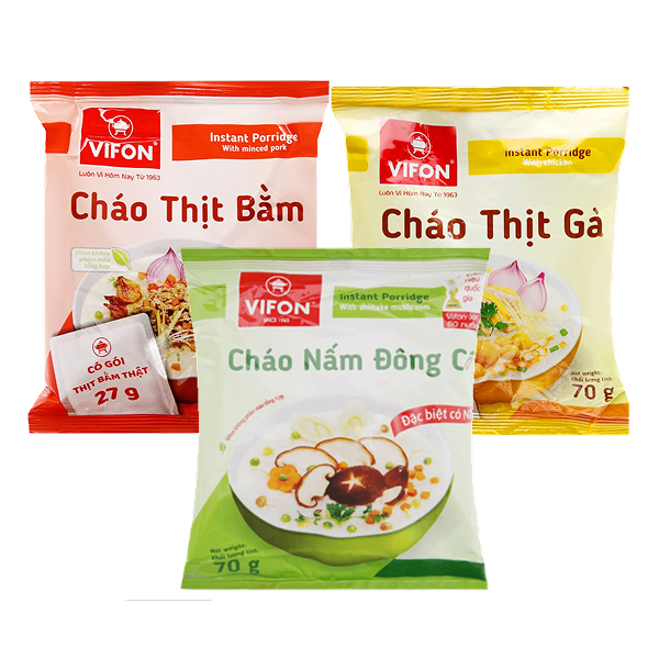 Cháo thịt bằm Vifon 70g, Cháo gà Vifon 70g và Cháo nấm đông cô Vifon 70g