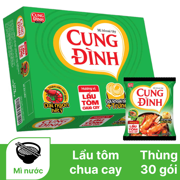 Thùng 30 gói mì khoai tây Cung Đình lẩu tôm chua cay 85g
