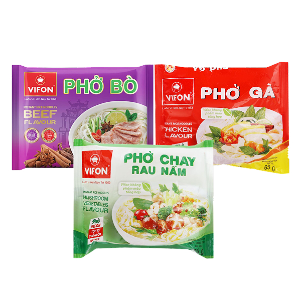 Phở bò Vifon 65g, Phở gà Vifon 65g, Phở chay rau nấm Vifon 65g
