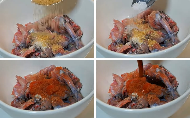 Ướp gia vị giúp thịt ếch đậm đà hơn.